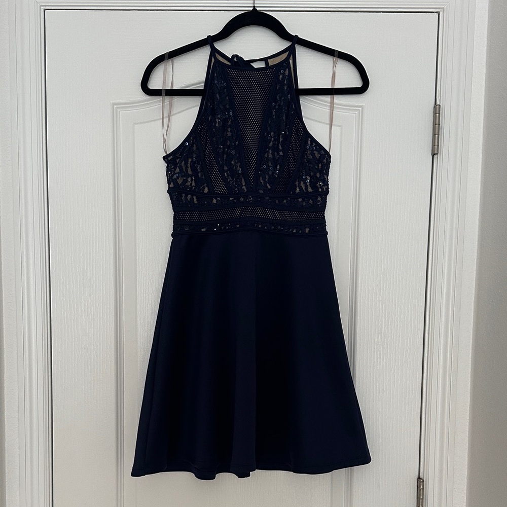 Francesca’s Navy Lace Halter Fit & Flare Dress